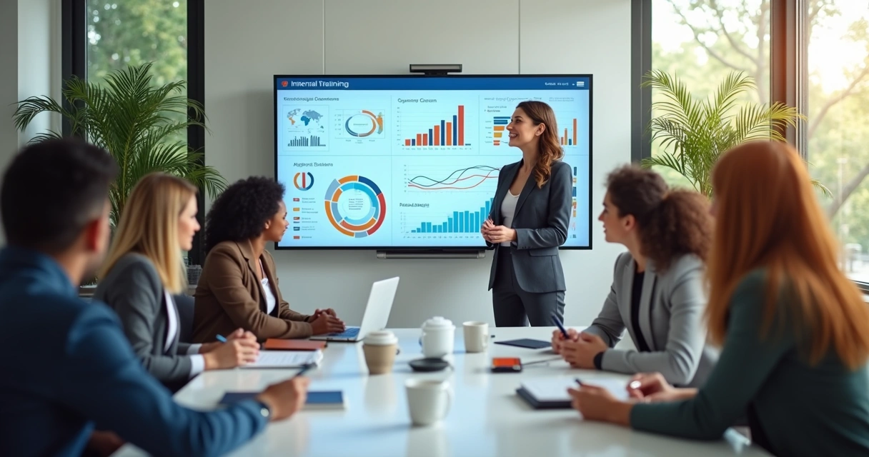 Equipe diversa em sala de reunião participando de treinamento corporativo com laptop e gráficos 