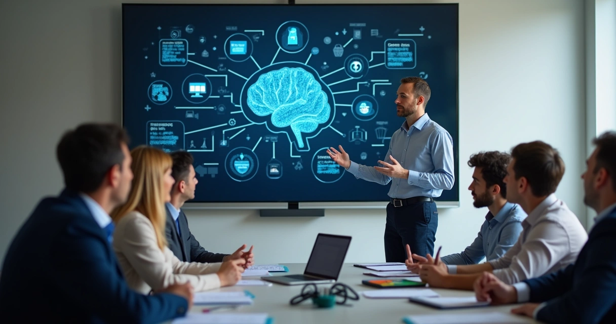 Treinamento corporativo sobre inteligência artificial com equipe reunida 