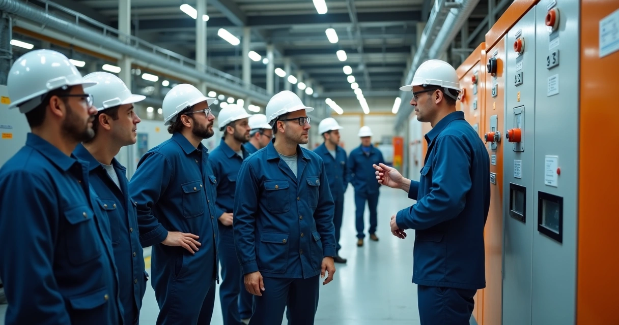 Treinamento prático com equipe aprendendo sobre isolamento de equipamento industrial 