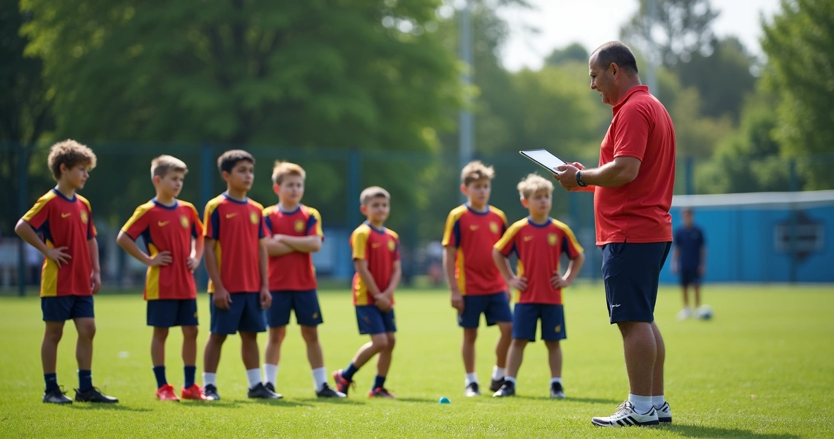 Treinador orientando grupo de jovens em campo de futebol 