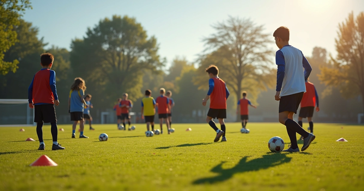 Grupo de jovens jogadores treinando em campo de futebol, treinador orientando ao fundo 