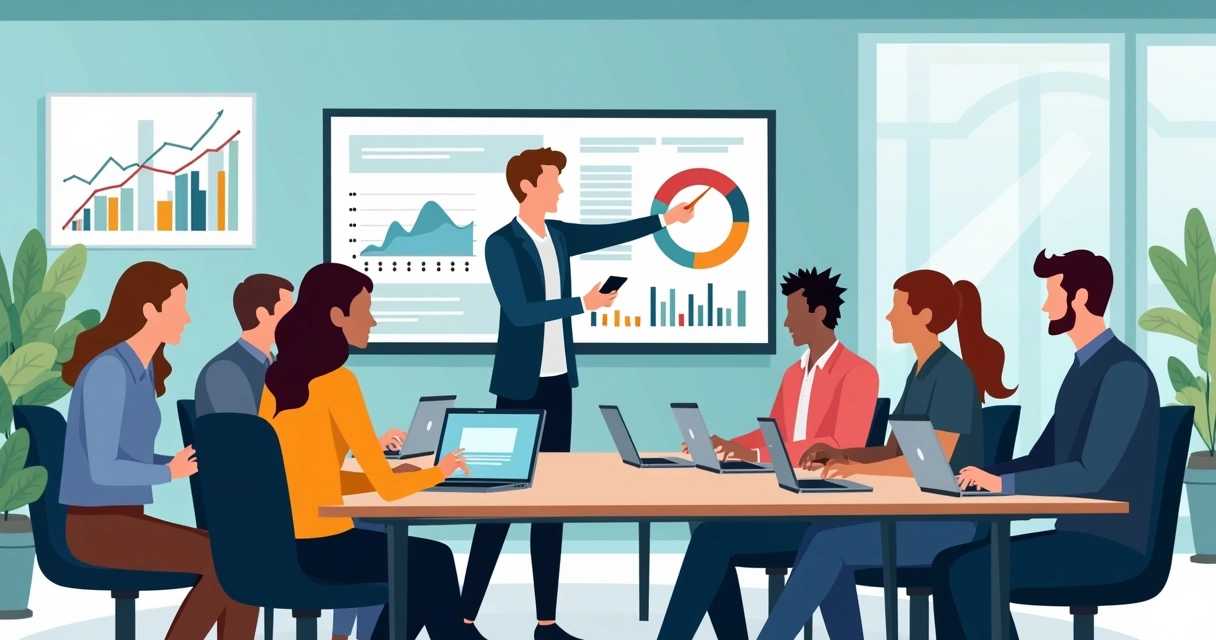 Jovens em treinamento corporativo com instrutor mostrando gráfico em computador 