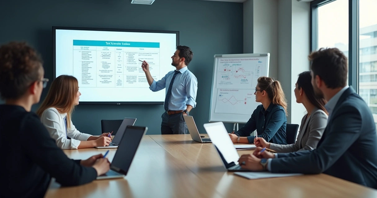 Equipe empresarial em treinamento de legislação tributária 