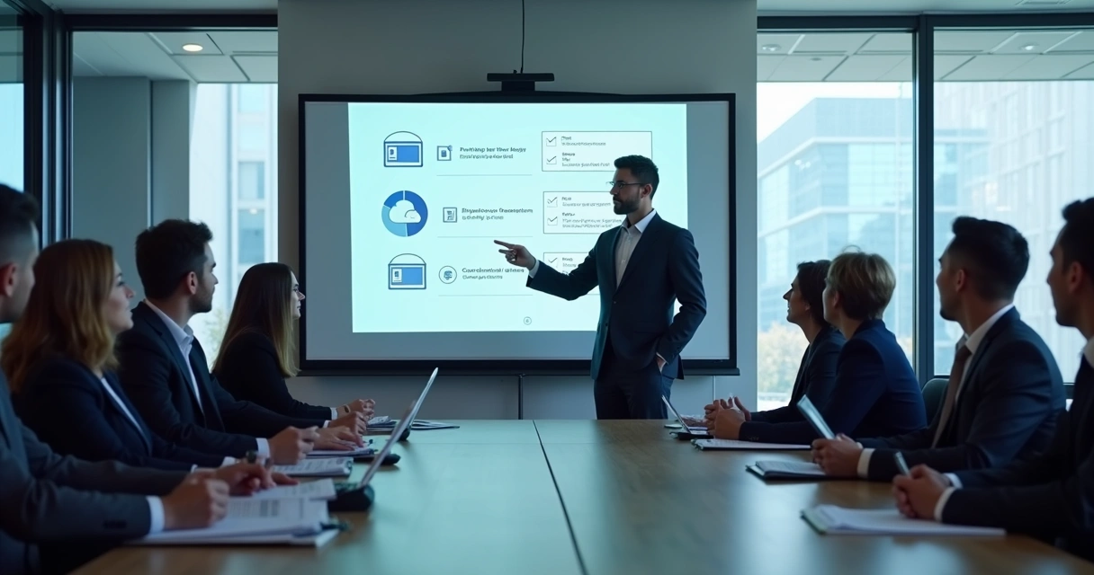 Equipe em treinamento de proteção de dados em sala corporativa 
