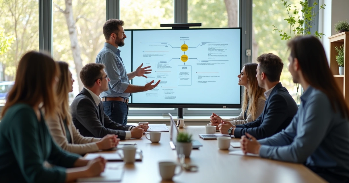 Treinamento de liderança com grupo de colaboradores reunidos em sala moderna 
