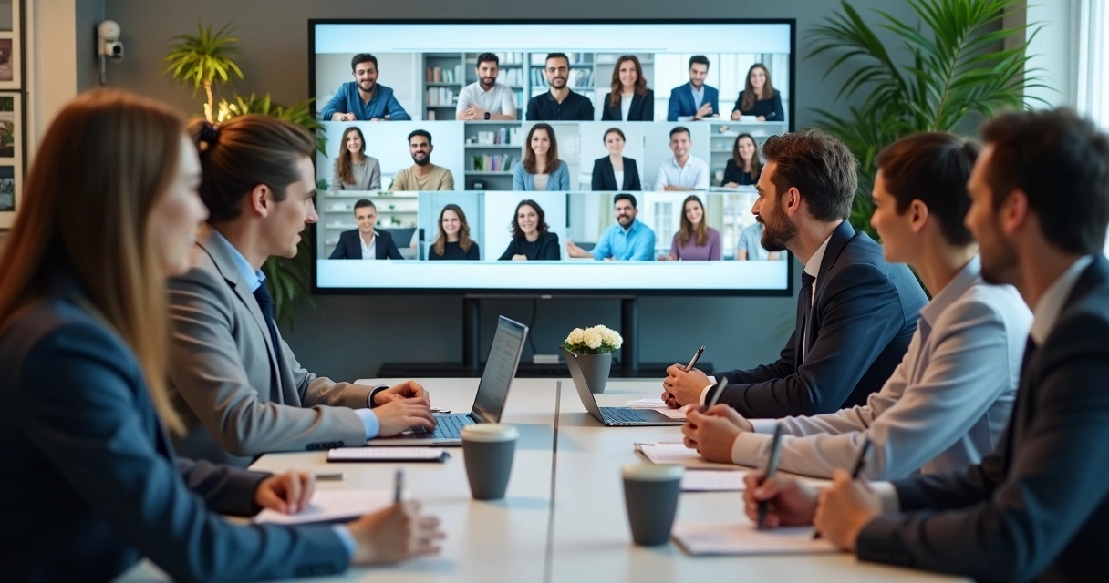 Treinamento online com líderes participando de videoconferência, materiais didáticos ao lado 