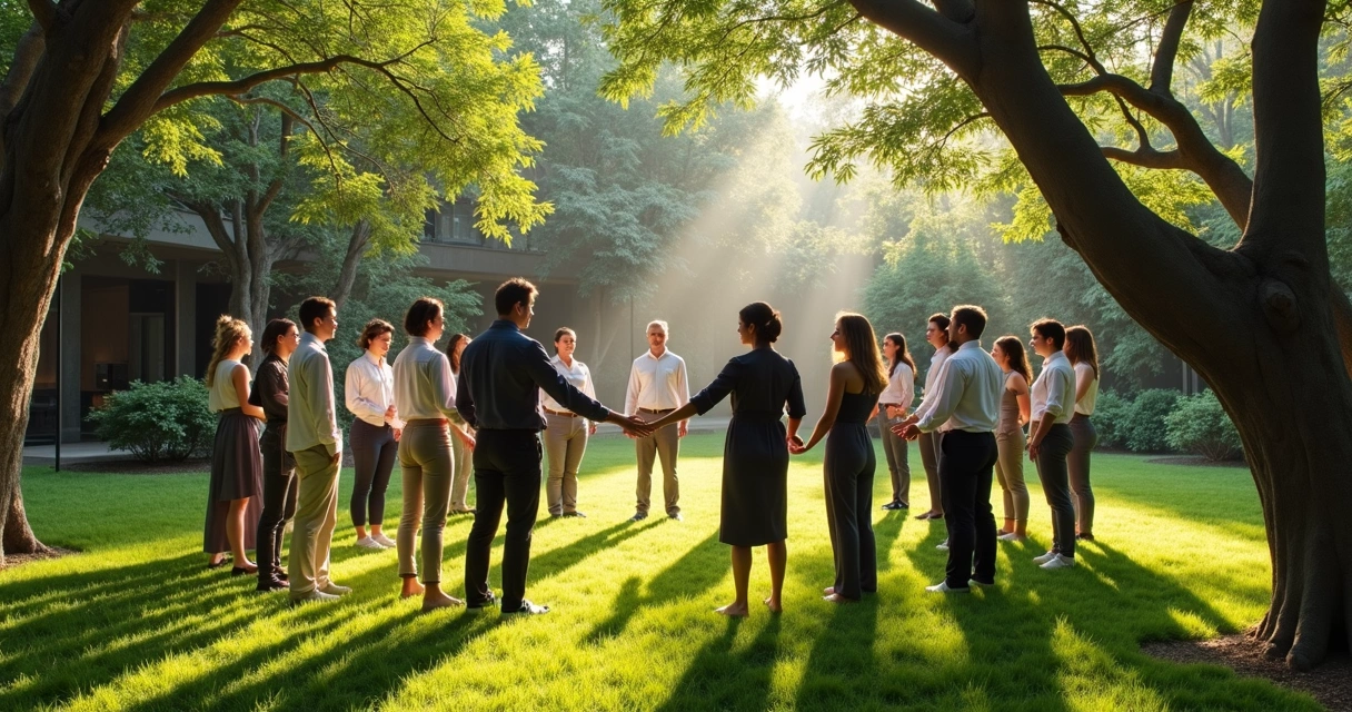 Líderes participando de atividade de treinamento em meio à natureza com árvores e luz suave 