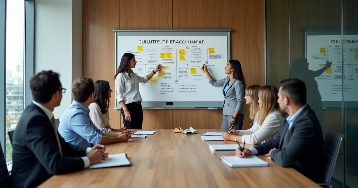Líderes em treinamento interno com quadro de planejamento 