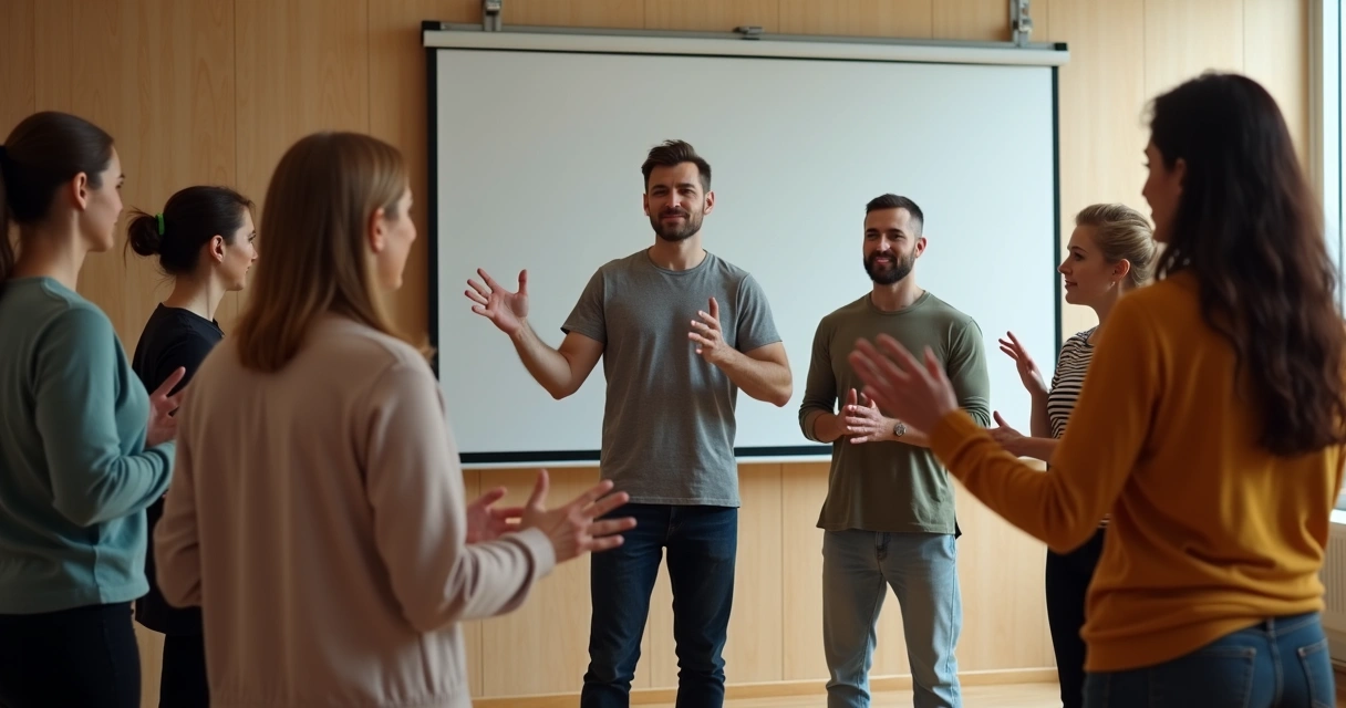 Grupo de pessoas praticando linguagem corporal em ambiente de aprendizado 