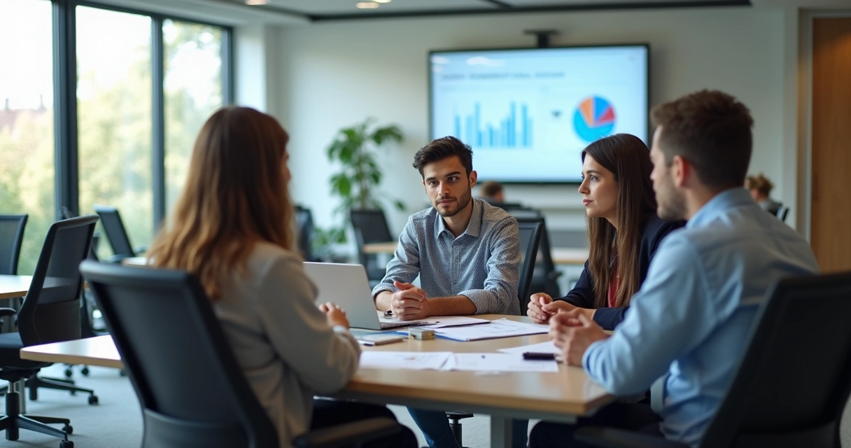Jovem talento participando de curso presencial ao lado de equipe e profissional mentor, com notebook e material didático em sala clara e moderna 