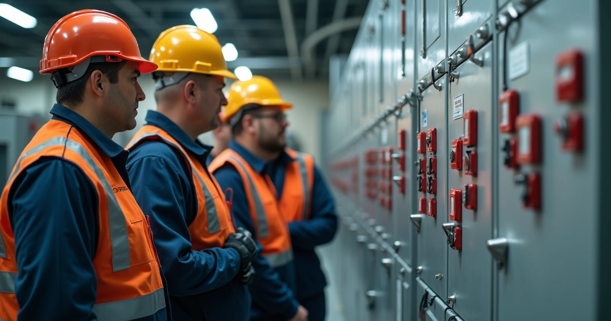 Treinamento LOTO com técnicos e instrutor diante de painel industrial 