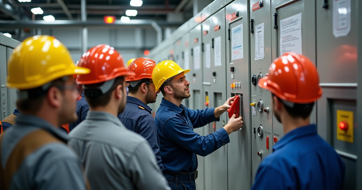 Treinamento prático de LOTO em indústria com trabalhadores reunidos perto de painel elétrico. 