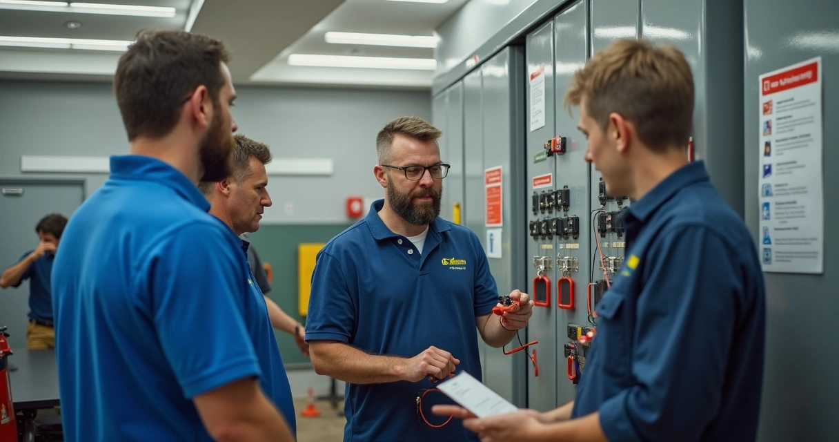 Equipe realizando treinamento LOTO com dispositivos de bloqueio 