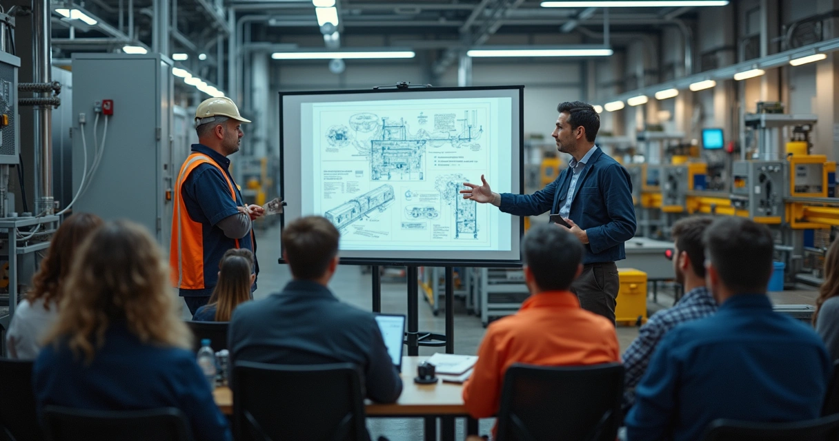 Operadores recebendo treinamento sobre cuidados preventivos em equipamentos industriais 