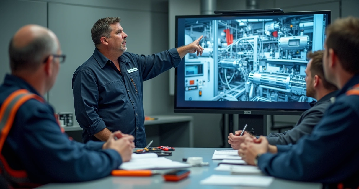 Instrutor apresenta treinamento de manutenção para equipe em sala de aula