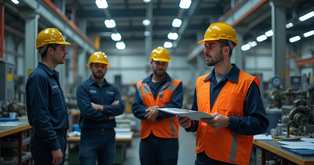 Equipe de manutenção industrial em treinamento prático com instrutor 