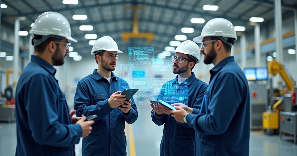 Equipe de manutenção industrial em processo de treinamento com tecnologia 