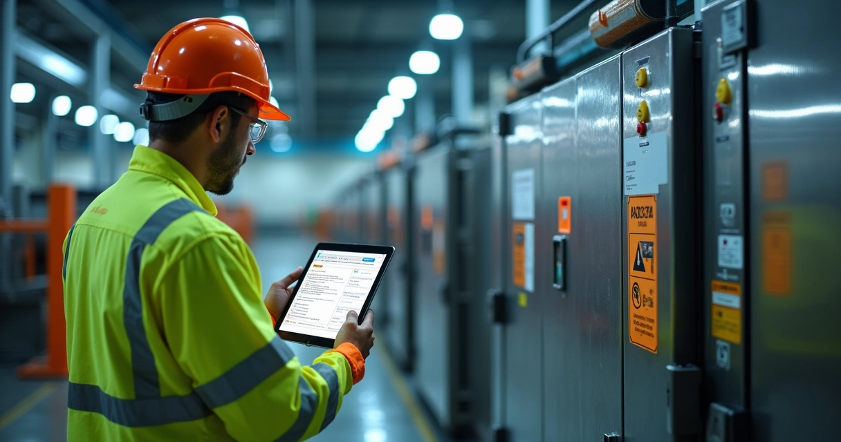 Técnico de manutenção realizando checklist digital em sala restrita