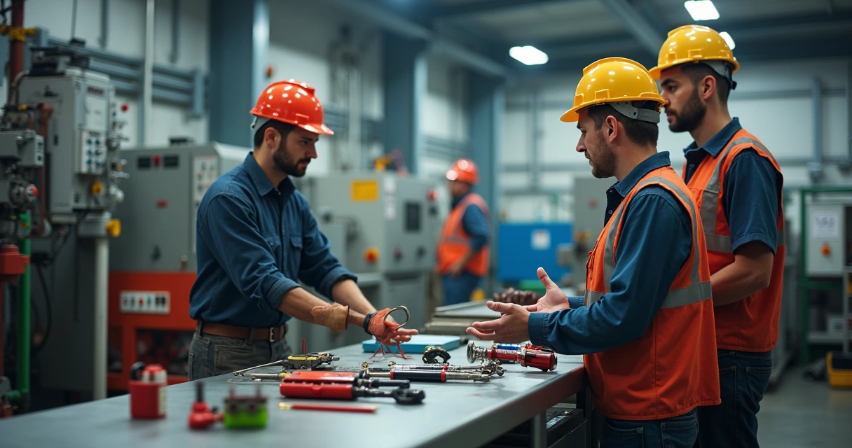 Instrutor treinando equipe de manutenção em máquina industrial 