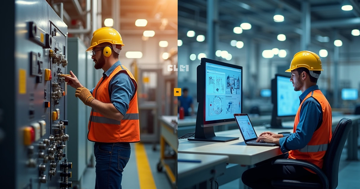 Técnico de manutenção recebendo treinamento prático na linha de produção enquanto outro usa módulo online em um tablet 