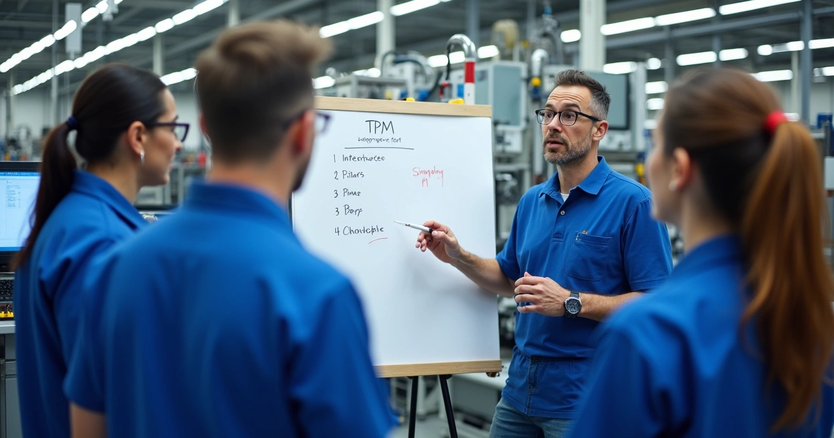 Equipe industrial reunida recebendo treinamento sobre TPM ao lado de máquina 