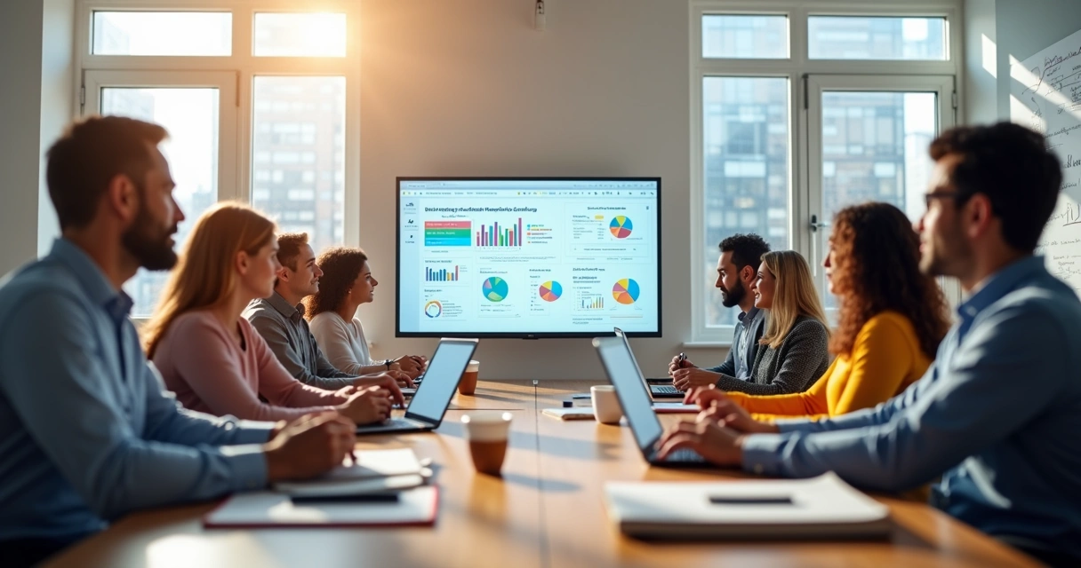 Pessoas diversas participando de treinamento prático de marketing digital em sala moderna com computadores e quadros explicativos 