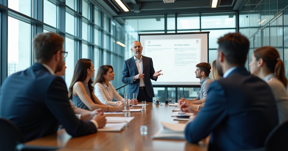 Coach aplicando media training para grupo de porta-vozes em sala de reunião moderna 