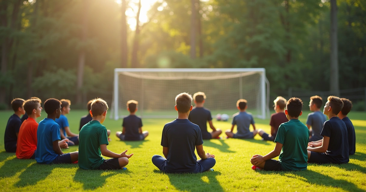 Jovens jogadores de futebol sentados em círculo em sessão de mentalização 