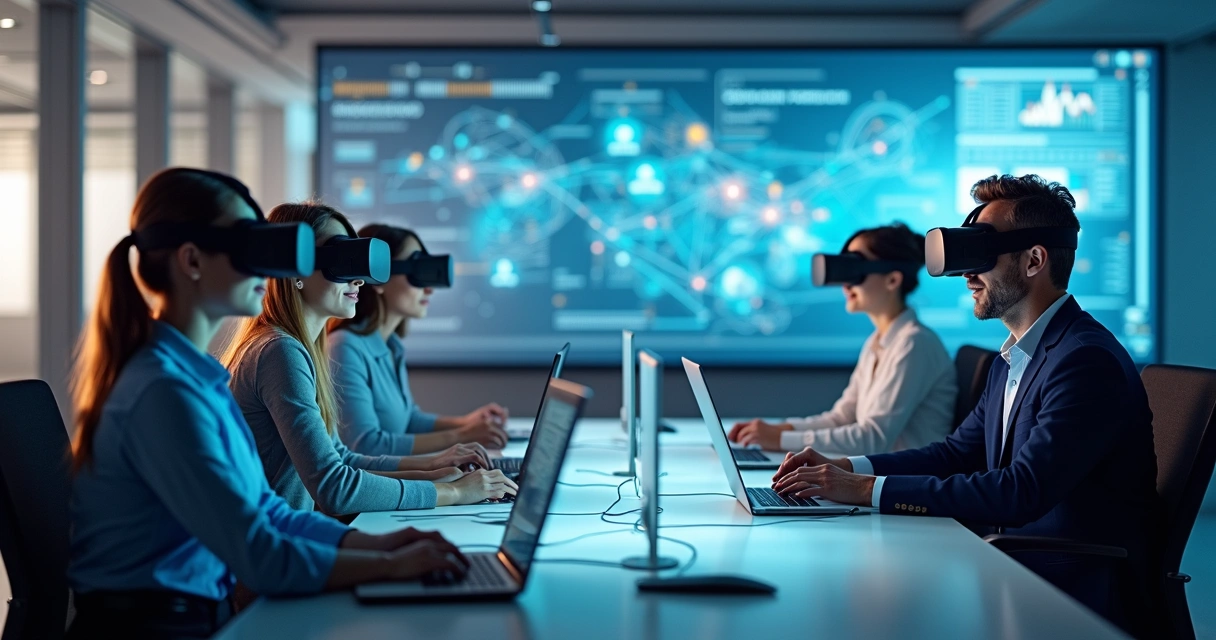 Equipe empresarial realizando treinamento em ambiente virtual com avatares 3D 