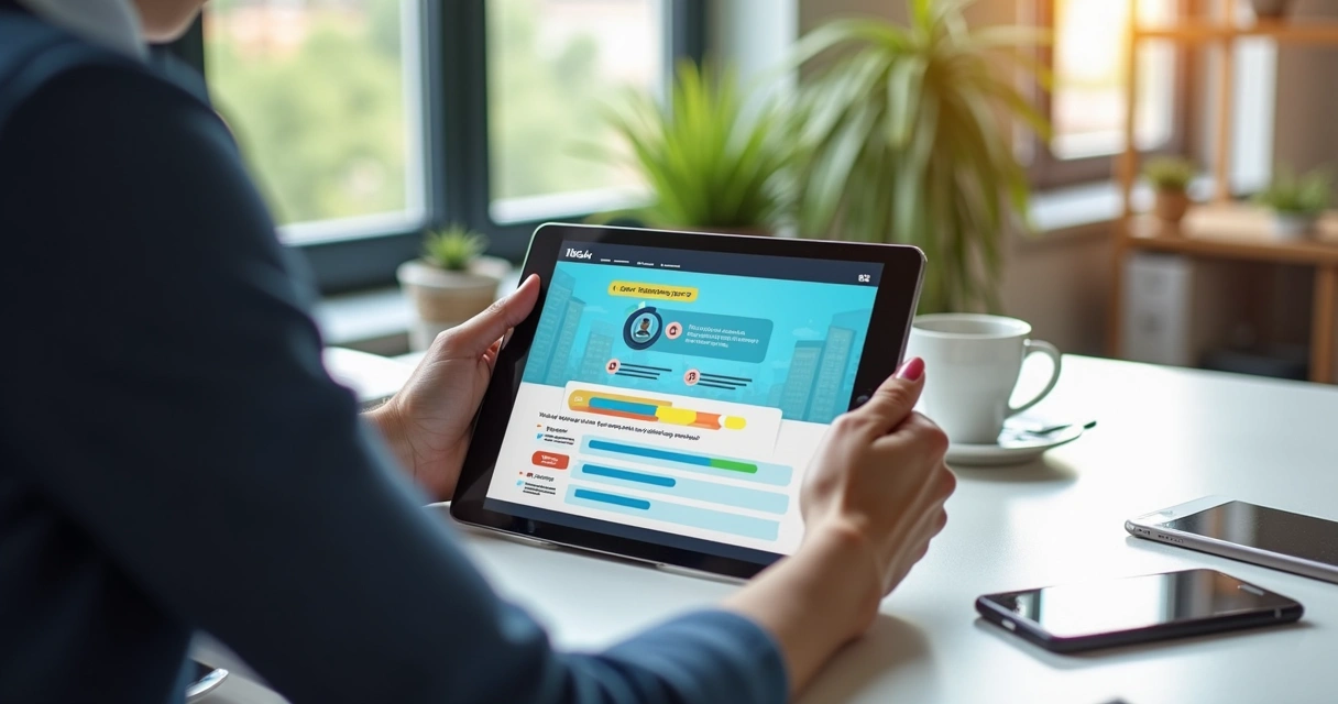 Pessoa assistindo vídeo curto de treinamento digital em tablet, com gráficos e quizzes na tela 