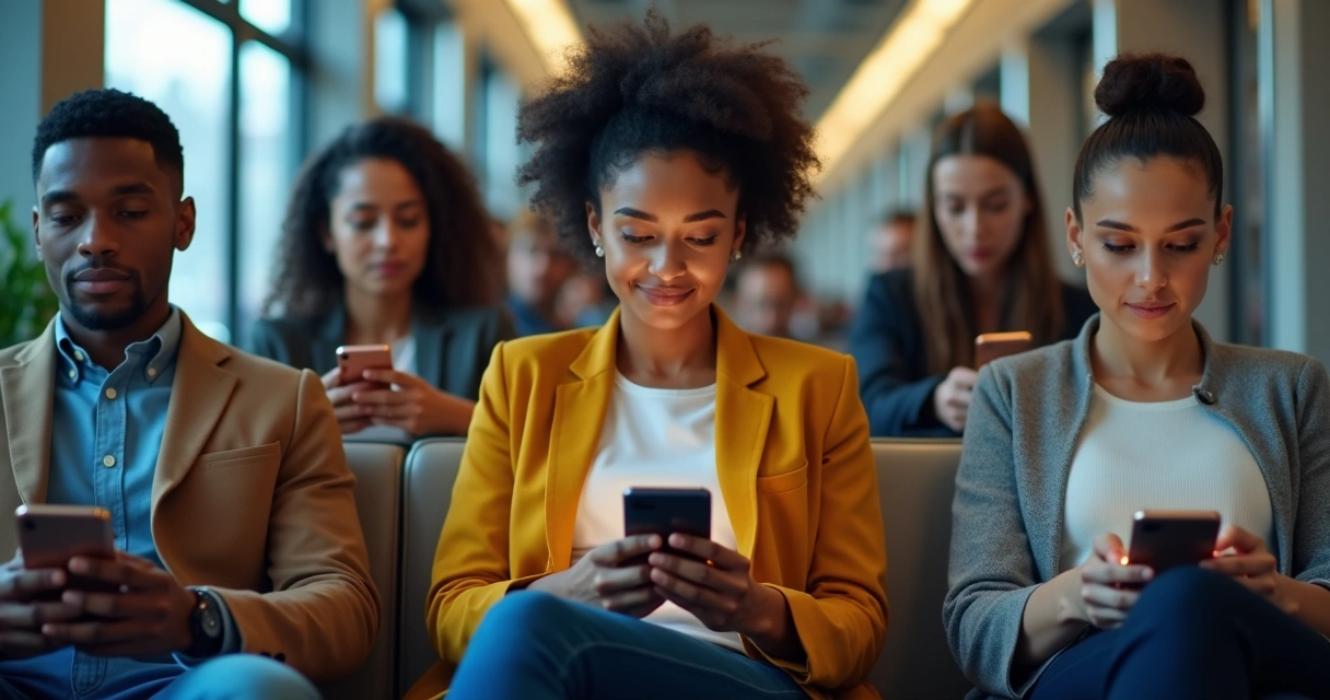 Pessoas participando de treinamento pelo celular, sentadas em diferentes ambientes