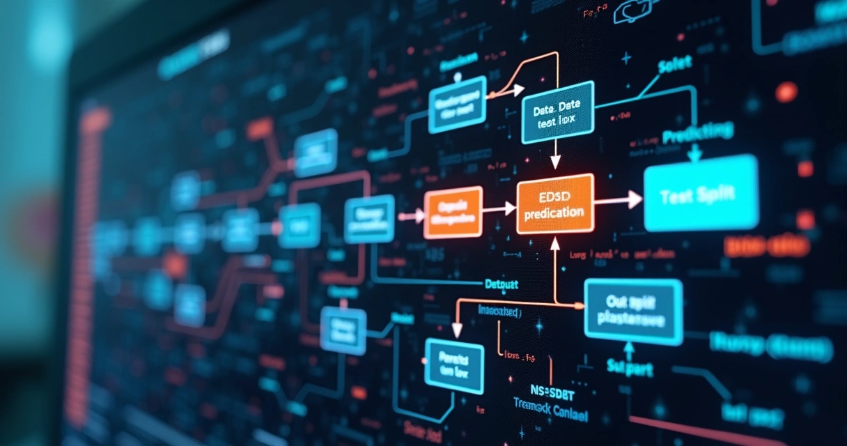 Fluxo de dados em treinamento de algoritmo com setas e gráficos em tela de computador 