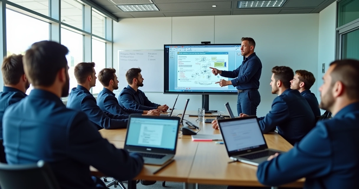 Motoristas assistindo treinamento em sala de aula 
