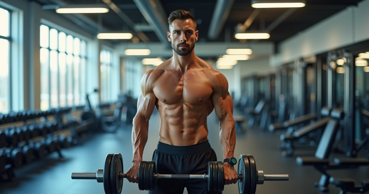 Pessoa treinando musculação com halteres e barra em academia moderna com equipamento completo 