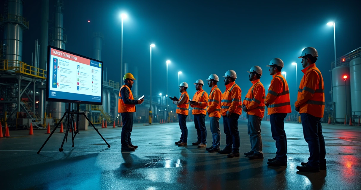 Equipe industrial em treinamento de segurança durante turno noturno 