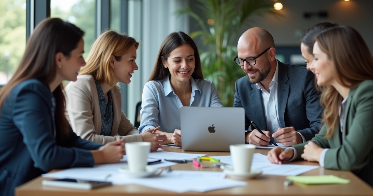 Novatos em vendas reunidos, estudando com supervisora ao lado. 