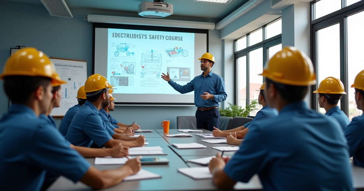 Turma de profissionais em sala de treinamento aprendendo sobre segurança elétrica