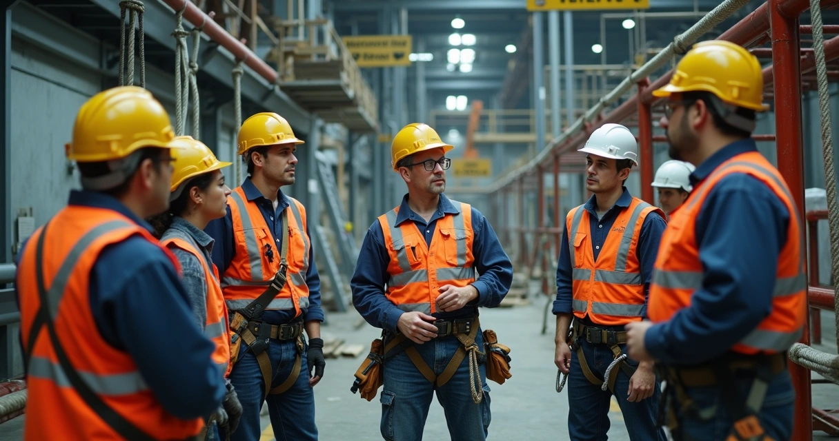 Instrutor treinando equipe para trabalho em altura em ambiente industrial 