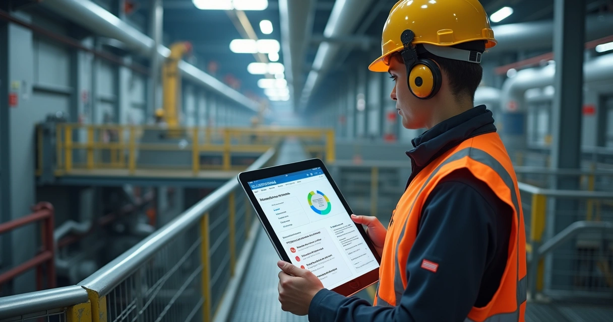 Técnico de segurança utilizando tablet com painel de treinamentos de NR em área industrial 