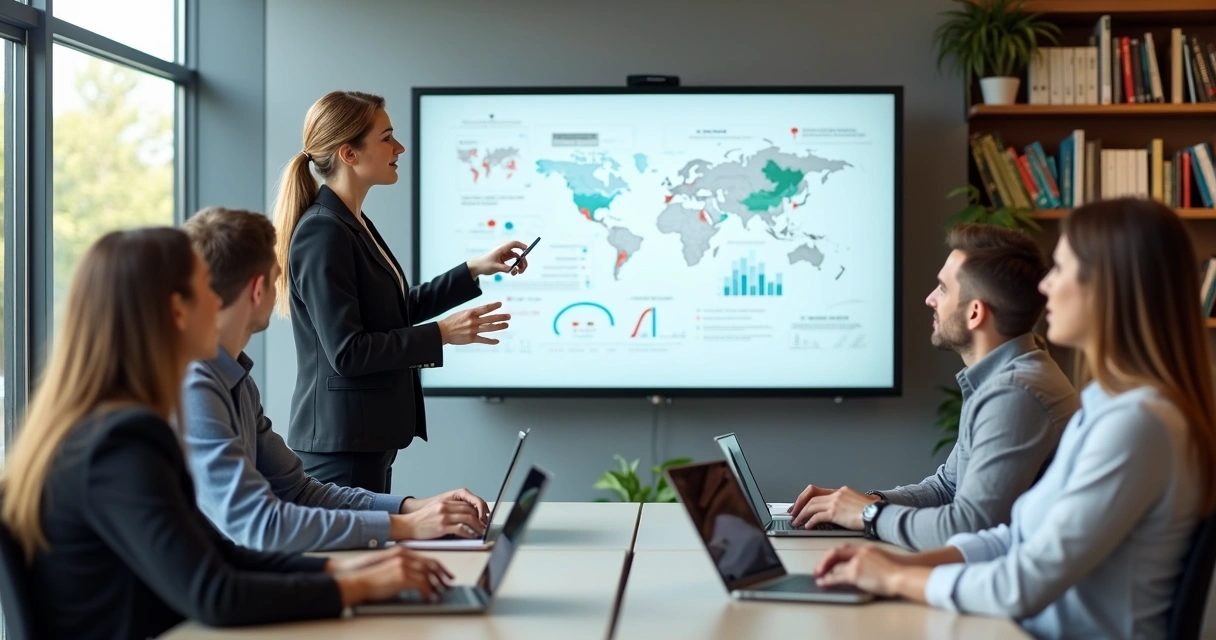 Instrutora mostrando slide de saúde e segurança em sala digital