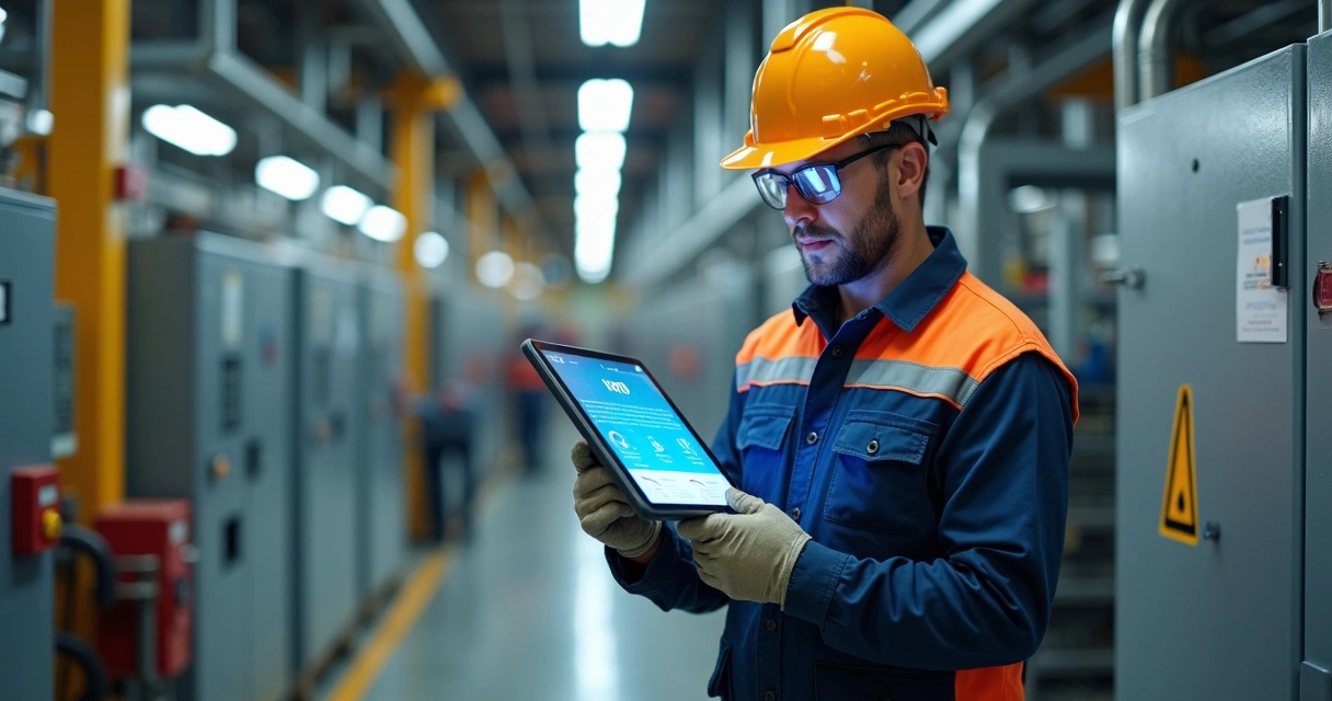 Eletricista com EPI estudando NR10 em tablet em ambiente industrial moderno 