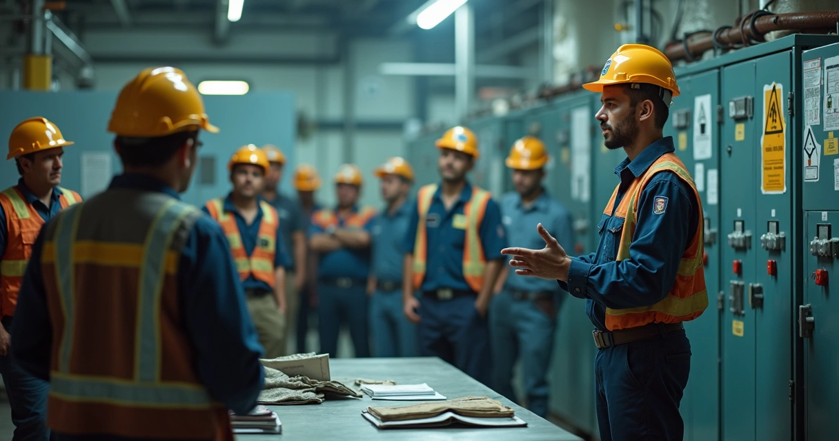 Instrutor apresentando cenário de risco elétrico para equipe com estrangeiro