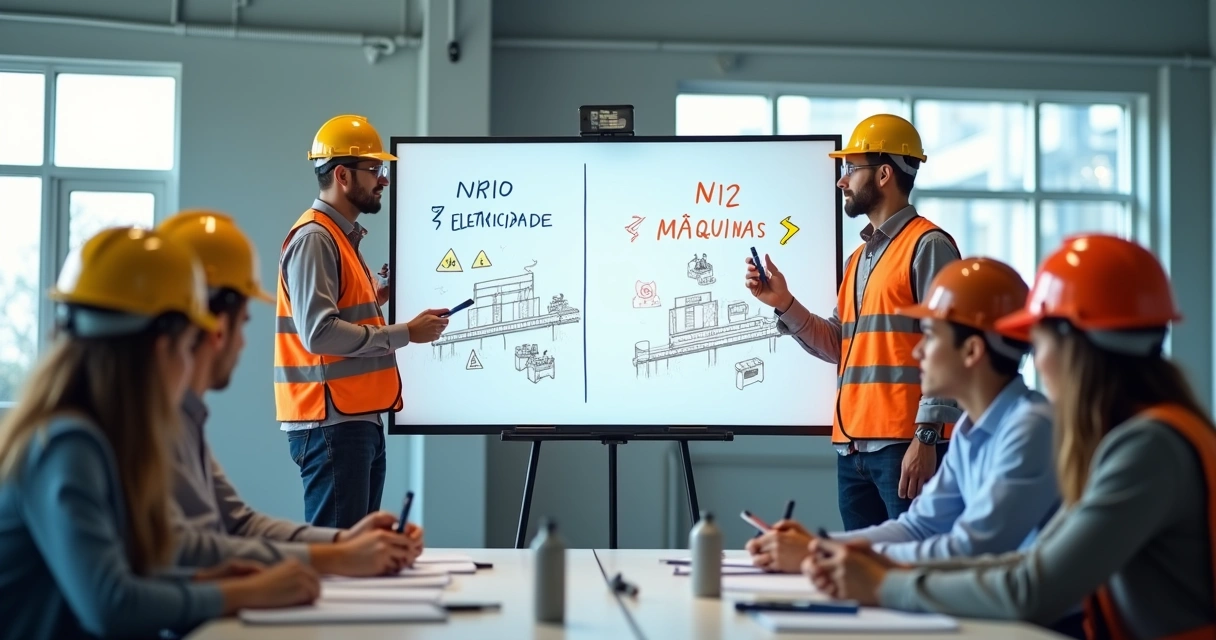 Quadro branco dividido entre NR10 e NR12 com elementos elétricos e de máquinas em ambiente industrial 