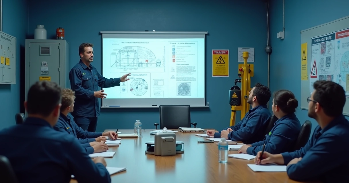 Instrutor de NR 10 orientando turma com painel elétrico didático