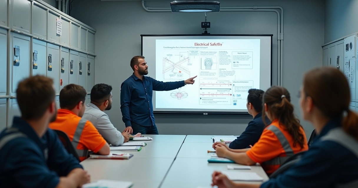 Turma em treinamento de segurança elétrica em sala prática