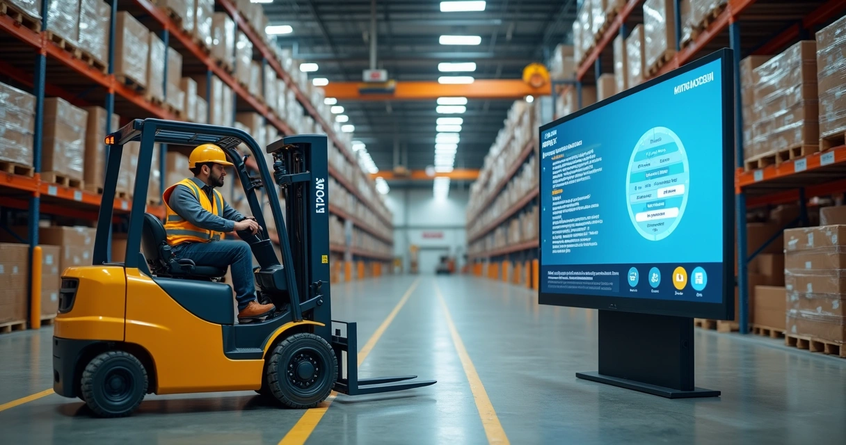 Operador de empilhadeira em armazém industrial passando por treinamento com tela digital de checklist de segurança 