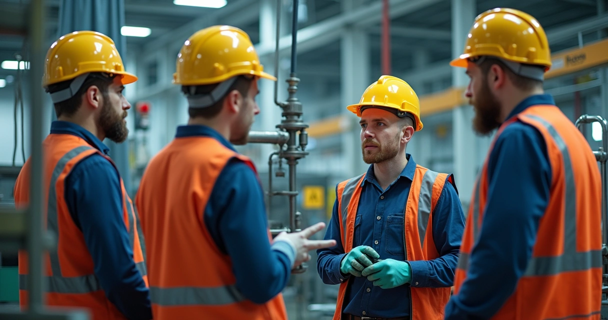 Instrutor e colaboradores com EPI em ambiente industrial 