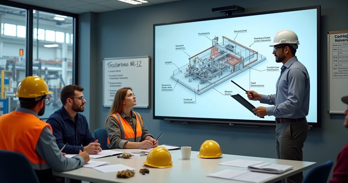 Instrutor em sala de treinamento industrial explicando segurança de máquinas para equipe com EPIs 