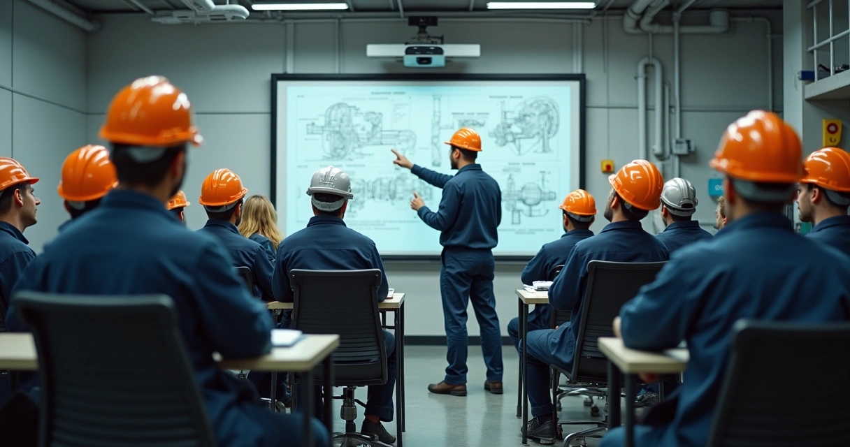 Equipe de trabalhadores industriais em sala de treinamento com equipamentos de proteção e instrutor mostrando procedimentos em quadro branco 