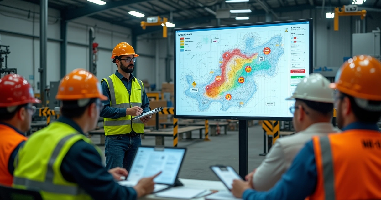 Instrutor mostrando mapa de área de risco em salão industrial durante treinamento de segurança 